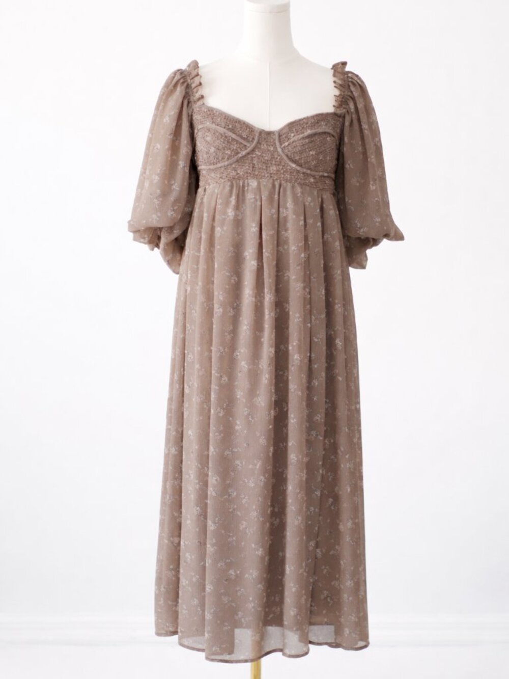 Worth Collective Harlow Floral Taupe Dress Size L Puff Sleeve Smocked Empire - Picture 2 of 7